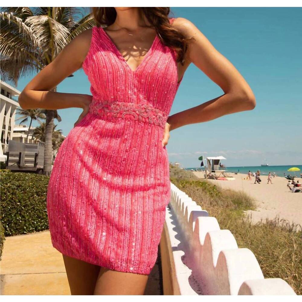 NEW PRIMAVERA sequin beaded mini dress in hot pink